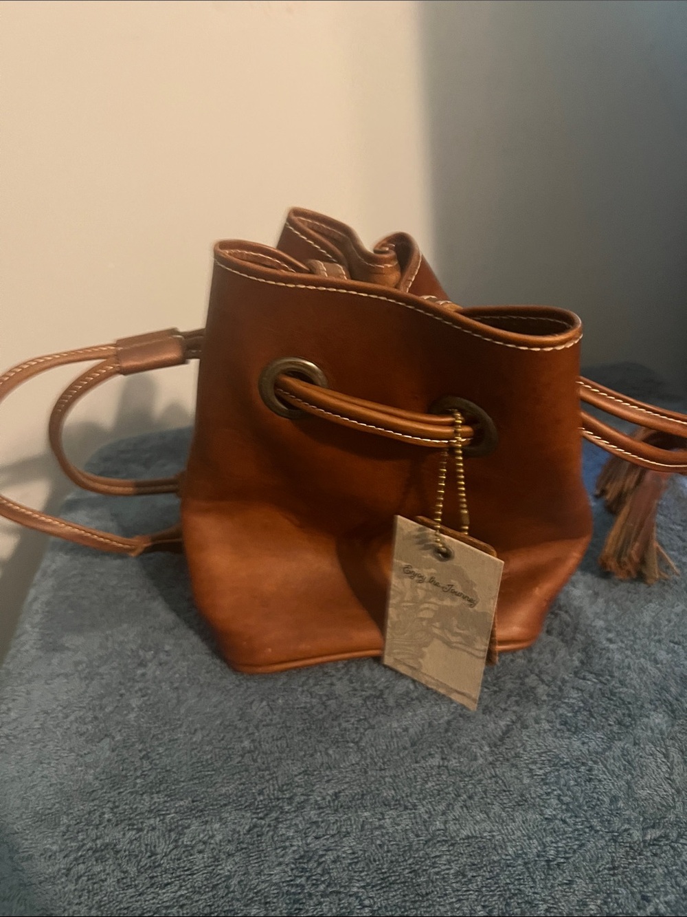 Leather Brown Bucket Crossbody Bag with Drawstring Detail